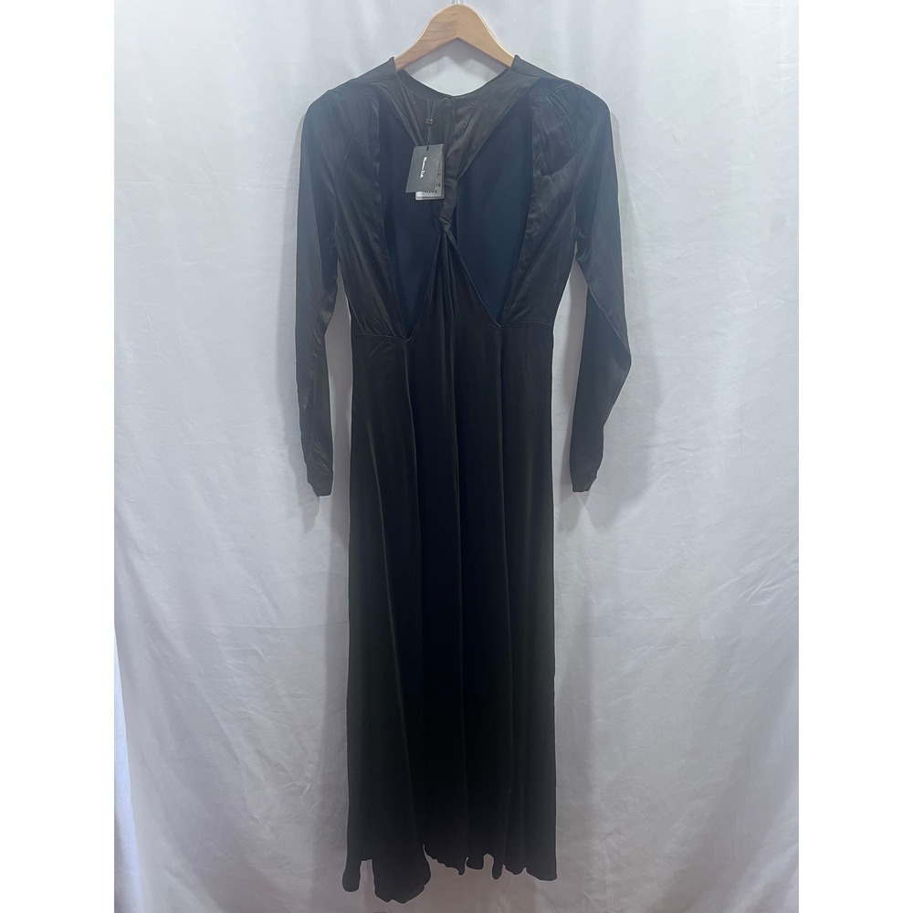 Massimo Dutti Open Back Knot Detail Women Maxi Dress XS Black Olive Long Sleeve